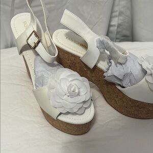 Fashion Nova Tan and White Wedge Sandals with Floral Detail